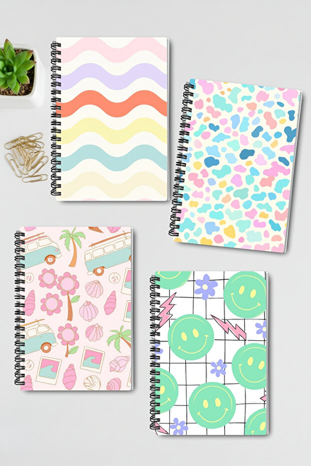 Pastel Retro Themed Design Wire Spiral A5 Unlined 4-Piece Souvenir, Memory, School Notebook Set