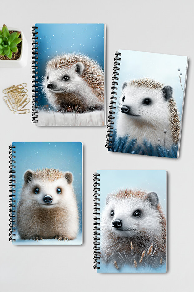 Hedgehog Winter Themed Design Wire Spiral A5 Unlined 4-Piece Souvenir, Memory, School Notebook Set