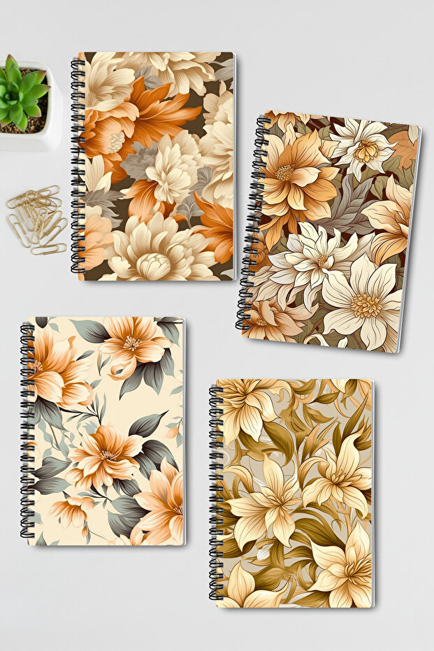 Beige Flowers No:2 Design Wire Spiral A5 Unlined 4-Piece Souvenir, Memory, School Notebook Set