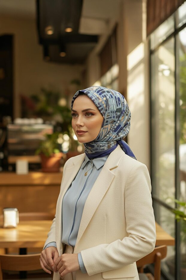 وشاح قطني بنمط الفرشاة بلون النيلي - 1