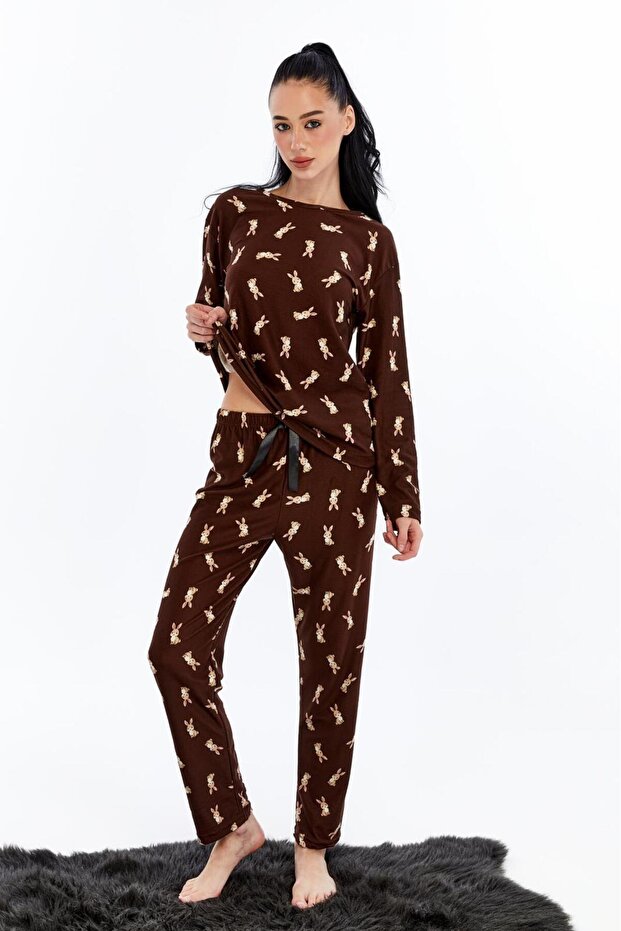 pamuklu uzun kollu pijama takımı - 1