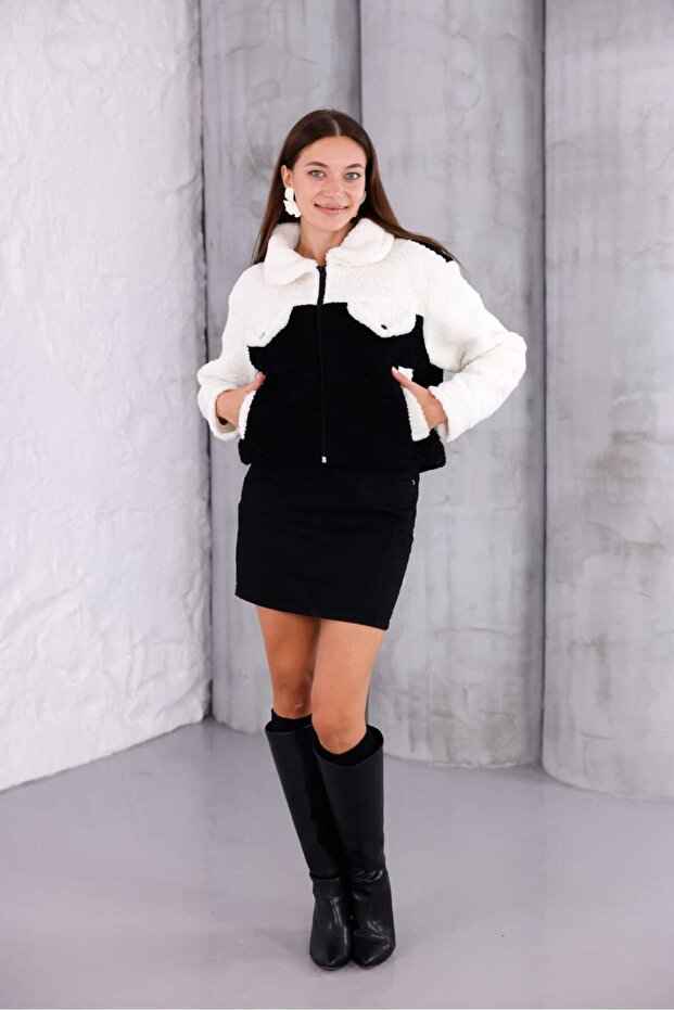 Trend Women's Cream Brown Plush Jacket | Winter Crop Short Zippered High Collar Coat
