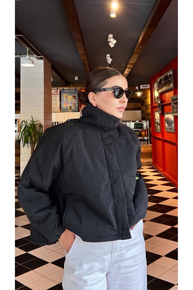 Black solid texture puffer jacket - 1