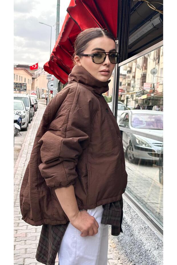 Coffee brown textured puffer jacket