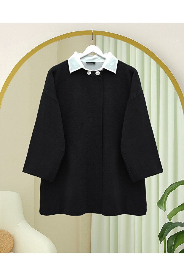 Çift Düğmeli Salaş Triko Panço -Siyah - 2