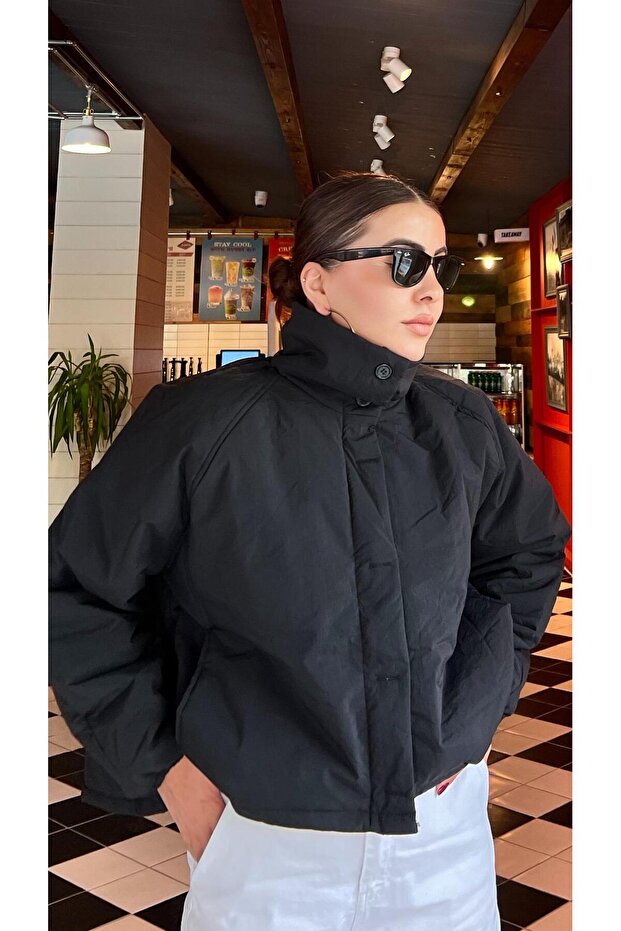 Black solid texture puffer jacket - 4