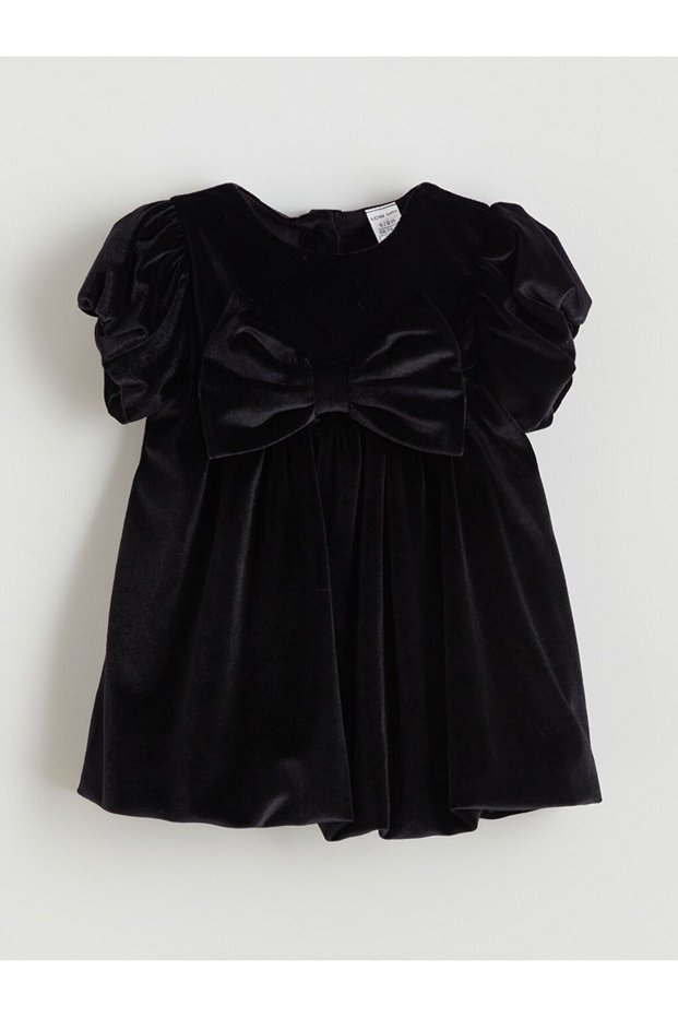 Lcw Baby Crew Neck Bow Detail Velvet Baby Girl Dress
