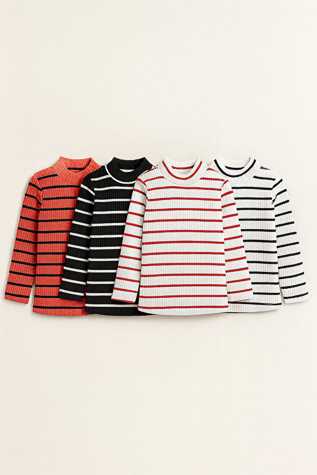 Girl's Winter Clothing Set, Ages 4-12, Turtleneck Knit Sweater Set with Stripe Details, 4-Piece Set.