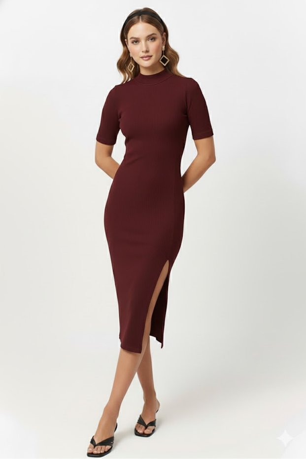 Women's Burgundy Ribbed Knit Pencil Dress High Collar Slit