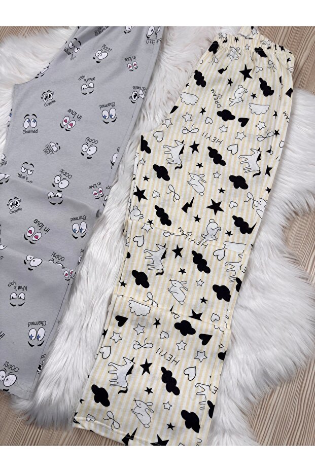 Gri Göz ve Sarı Tavşan Desenli 2'li Pijama Altı - 2