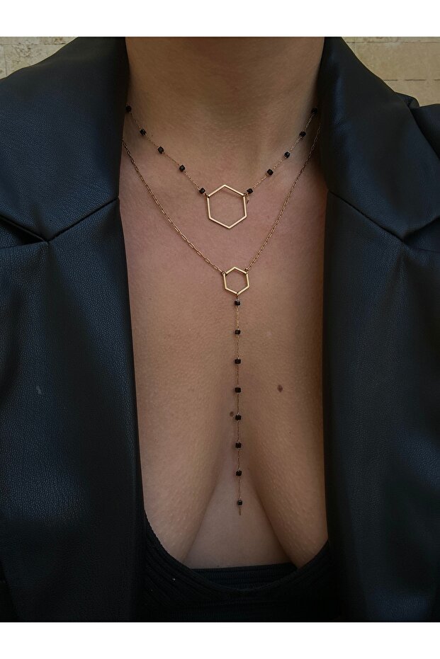 Black Crystal Stone Detail Geometric Double Steel Necklace Set