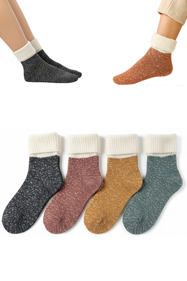 4 Pairs of Curled Ankle Wool Socks – Winter, Comfortable and Warm Cotton Blend Set