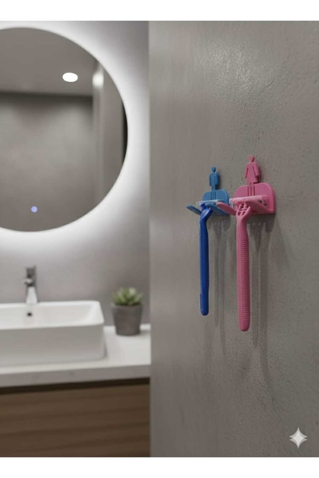 Set of 2 Adhesive System, Blue and Pink Bathroom Organizer, Women's and Men's Razor Holder, Washcloth Holder