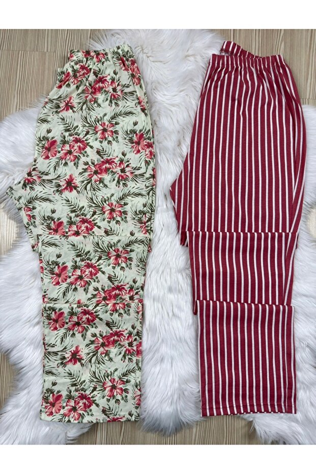 Green Floral and Burgundy Striped Plus Size 2-Piece Pajama Bottoms