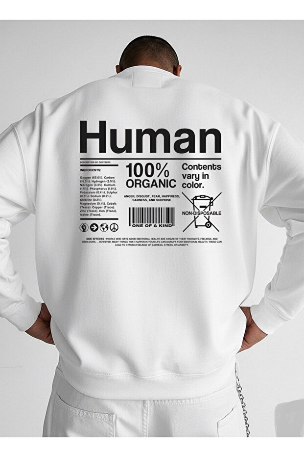 سويت شيرت أبيض برقبة دائرية للجنسين قصة فضفاضة HUMAN POSTER مطبوع