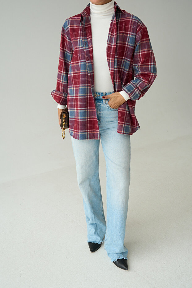 LOOSH Kadın Bordo Ekose Desenli Pamuklu Oversize Gömlek - Fiyatı, Yorumları