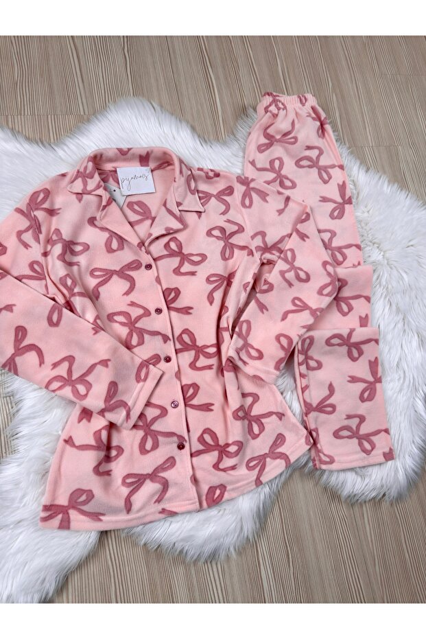 Pink Bow Patterned Front Buttoned Fleece Pajama Set - 8