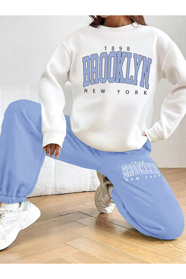 Brooklyn Printed Bottom Top Set Cotton Sports Crew Neck Sweatshirt And Elastic Sweatpants
