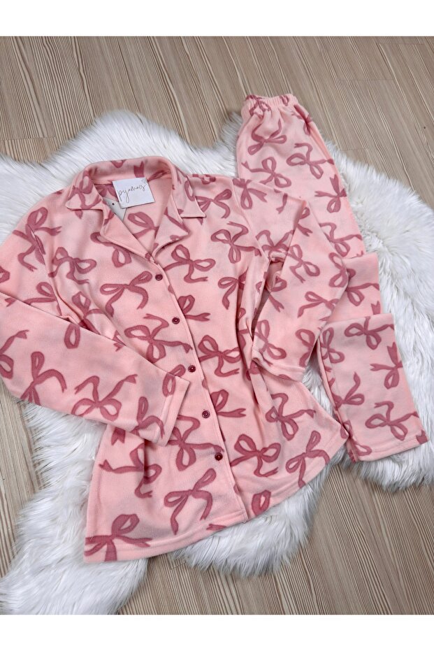 Pink Bow Patterned Front Buttoned Fleece Pajama Set - 7