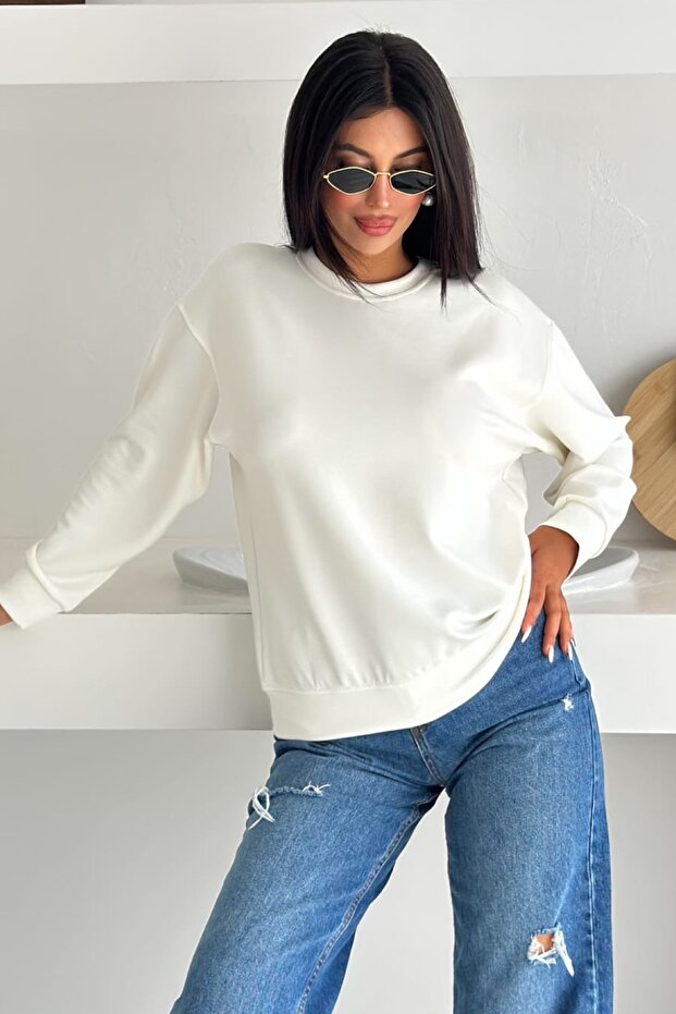 Beyaz Modal Kumaş Basic Sweatshirt - 1