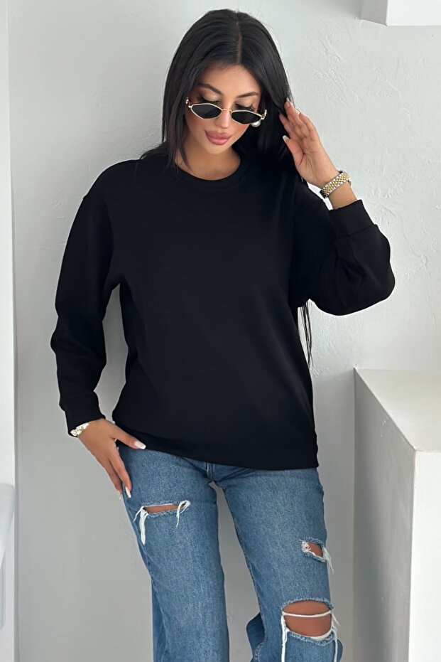 Siyah Modal Kumaş Basic Sweatshirt - 1