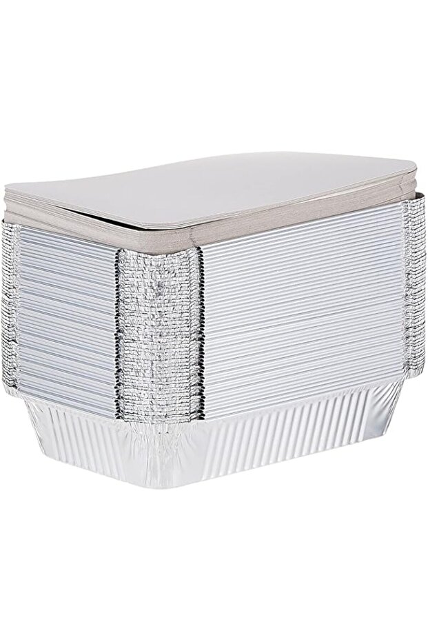 Disposable Food Storage, Take away Aluminium Rectangle Food Container Silver 890ml with Lid, 50 Pieces
