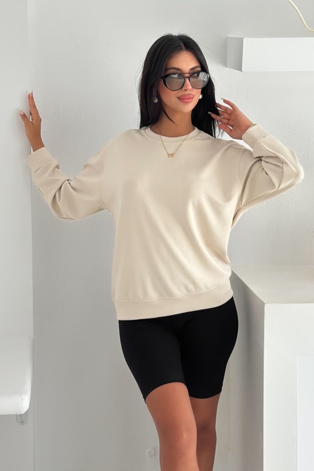 Bej Modal Kumaş Basic Sweatshirt - 3