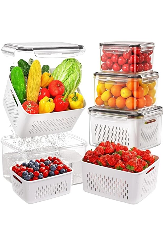 4-Pack Fresh Fruit & Veggie Storage Containers for Fridge - All-in-One Washing Bowl with Leak-Proof