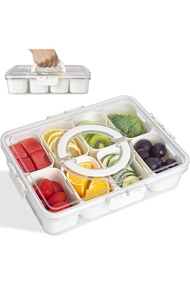 Fridge Organizer Box, Food Storage Container Divided Serving Tray with Lid and Handle, Portable Sto - 1