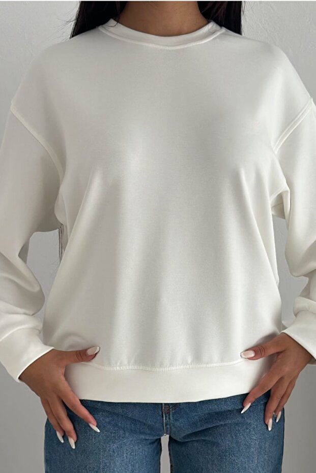 Beyaz Modal Kumaş Basic Sweatshirt - 4