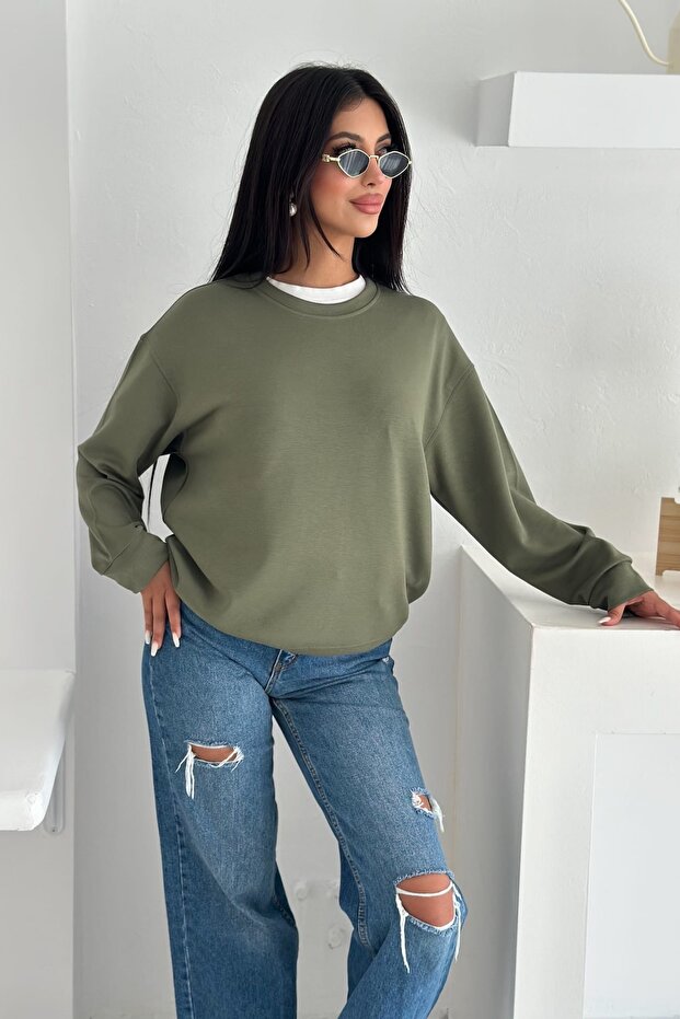 Haki Modal Kumaş Basic Sweatshirt - 5
