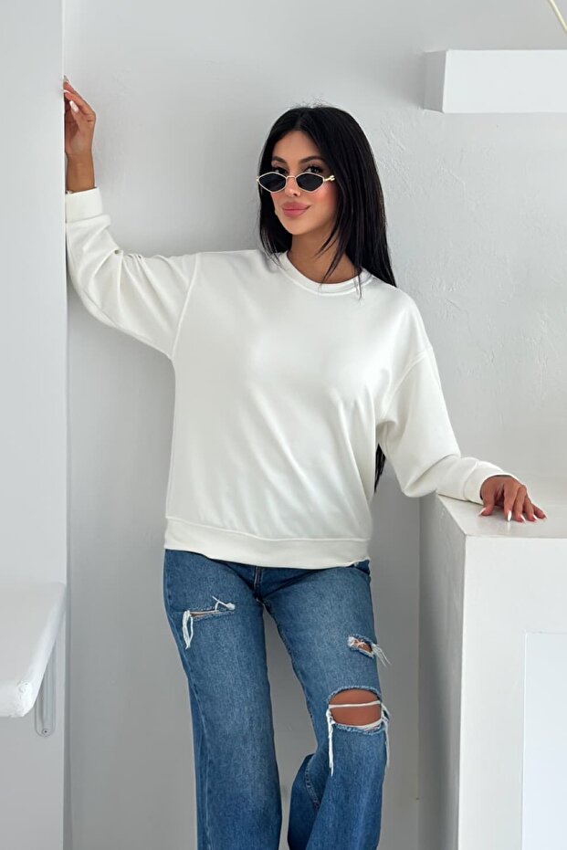 Beyaz Modal Kumaş Basic Sweatshirt - 5