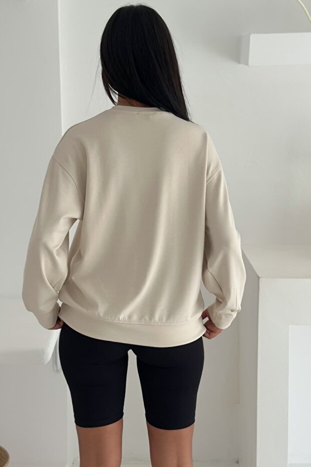 Bej Modal Kumaş Basic Sweatshirt - 4