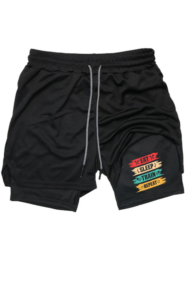 Quick Dry 2in1 Adult Unisex Eat Sleep Train Repeat Printed Tights Shorts Fitness Gym Training