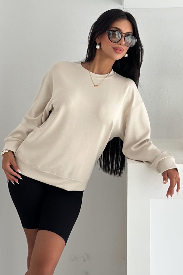 Bej Modal Kumaş Basic Sweatshirt - 1