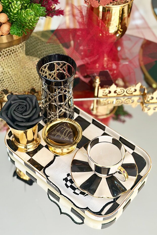 صينية عرض مستطيلة سوداء مربعة النقش - 5