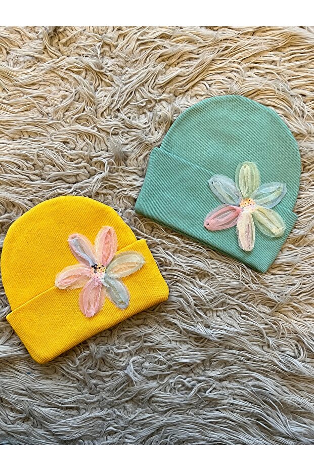 2-Pack Flexible Ribbed Knit Tulle Detailed Beret Set