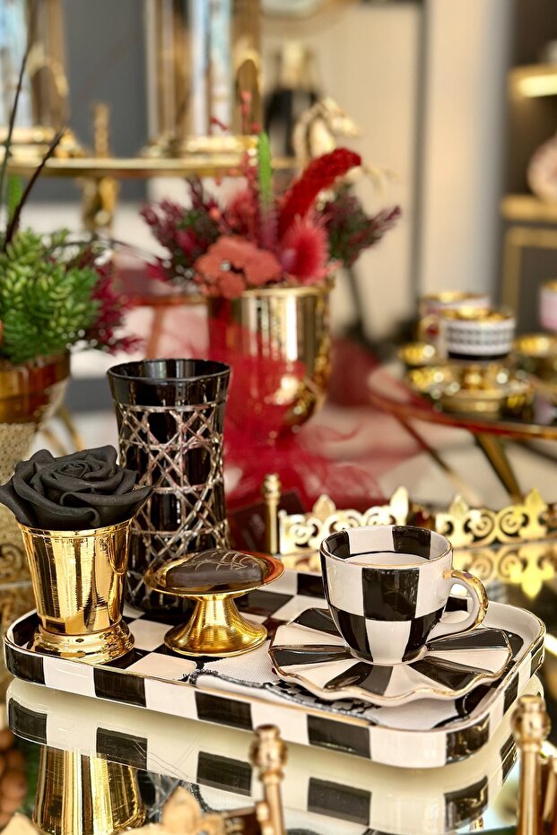 صينية عرض مستطيلة سوداء مربعة النقش - 3