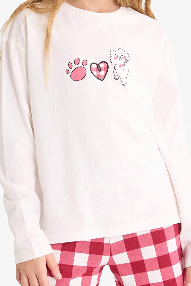 Kız Çocuk Pijama Takımı Baskılı Uzun Kollu Üst Kareli Uzun Alt F7287A825AU - 3