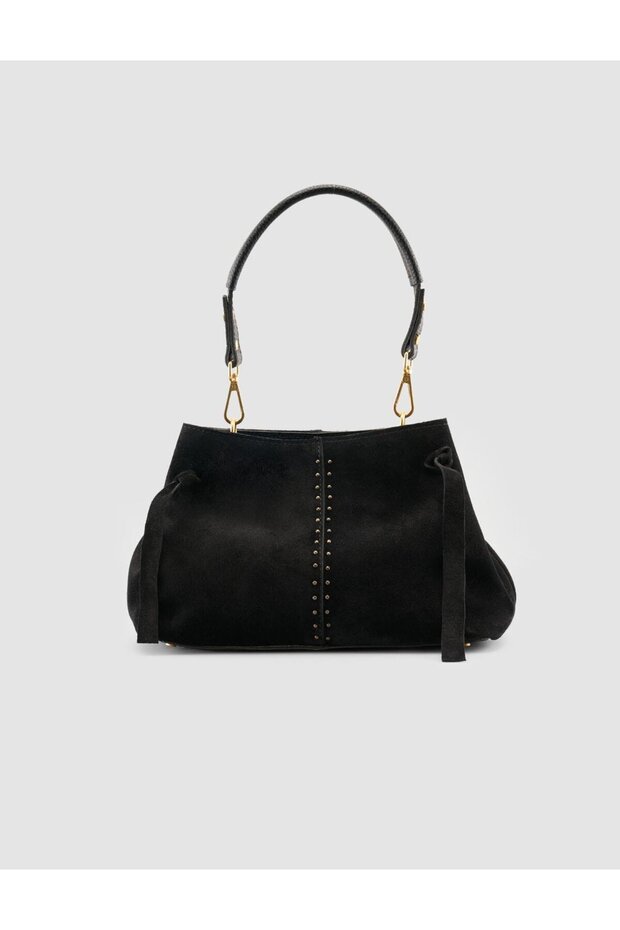 Black Suede Women's Bag with Metal Handle Detail