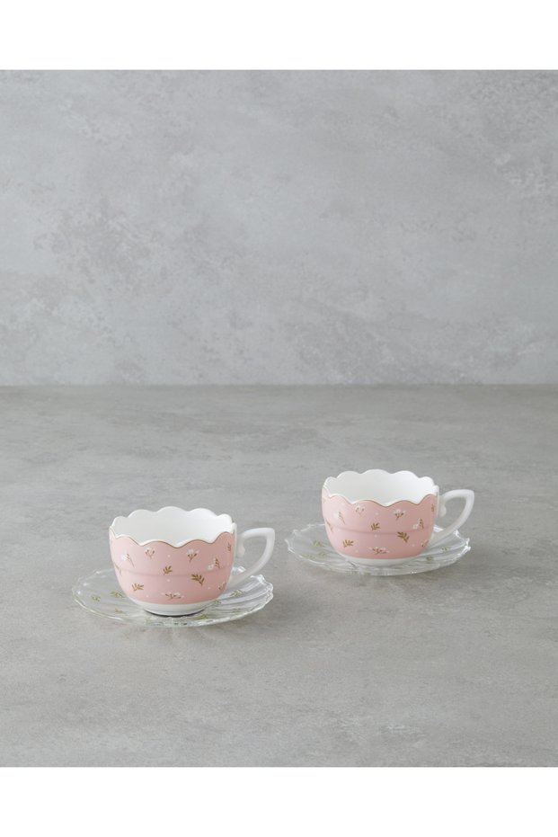 Charming New Bone China 4-Piece 2-Person Glass Plated Coffee Cup Set 80 ml Pink - Green