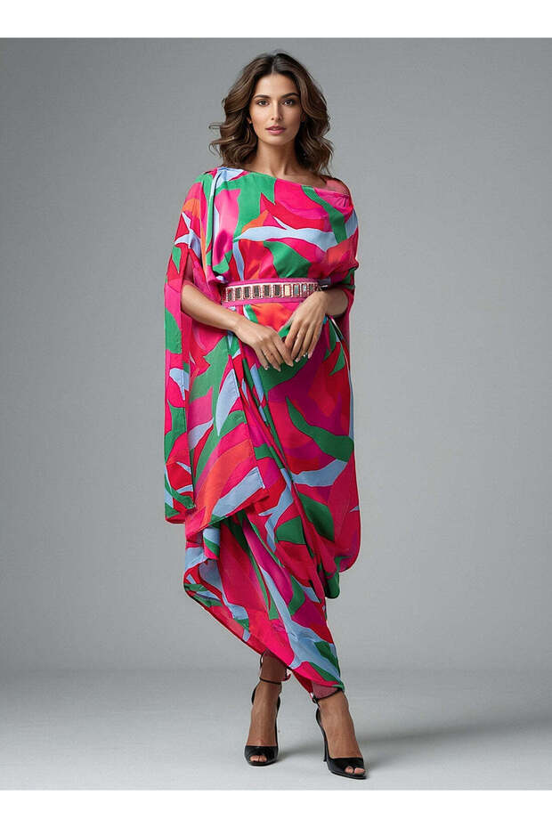 Printed drape dress with belt