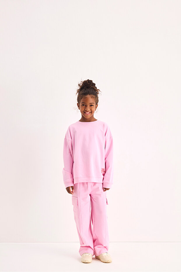 Pembe Oversize Nakışlı Sweatshirt - 2