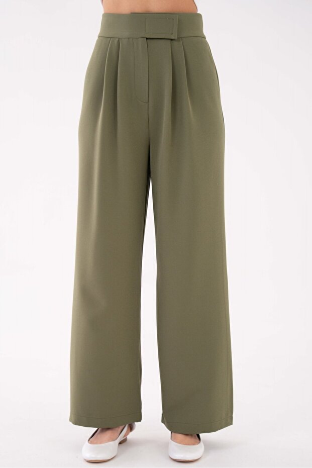 High Waist Velcro Closure Double Pleated Woven Palazzo Pants