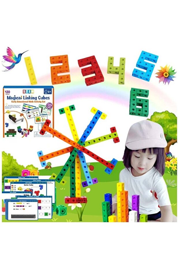 130 قطعة من مكعبات الربط الرياضية وبطاقات الأنشطة الرياضية، مكعبات رياضية للتلاعب، عداد رياضيات لتوصيل المكعبات - 1