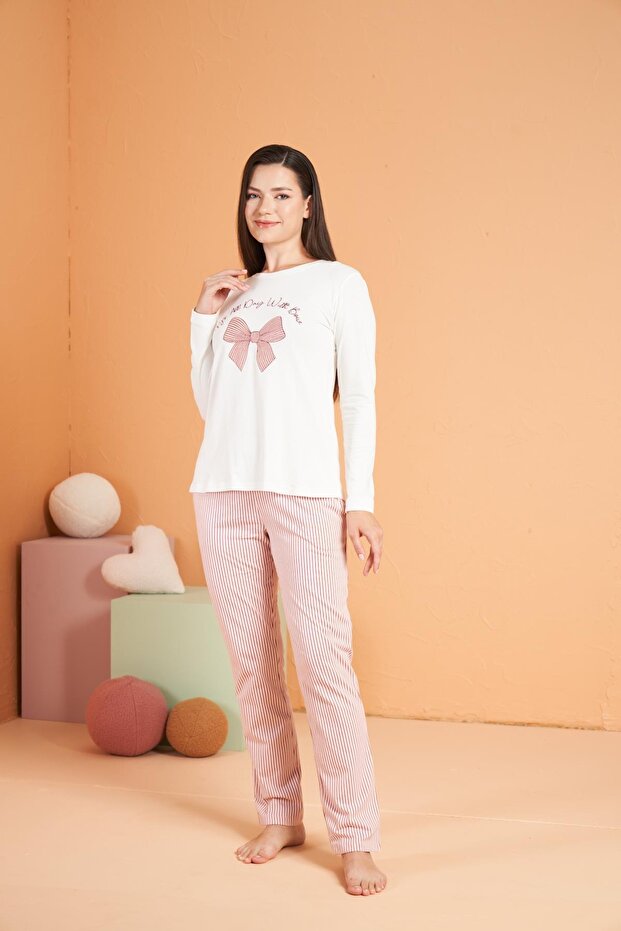 100% Cotton Single Jersey Printed Striped Women's Pajama Set