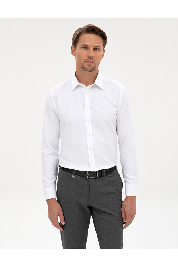 White Slim Fit Line Textured Long Sleeve Shirt 50312340-Vr013