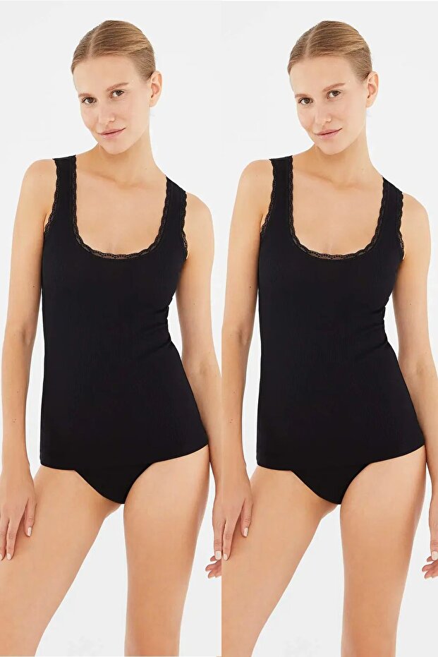 5010 Women's 2-Piece Thick Strap Ribbed Knit -Black