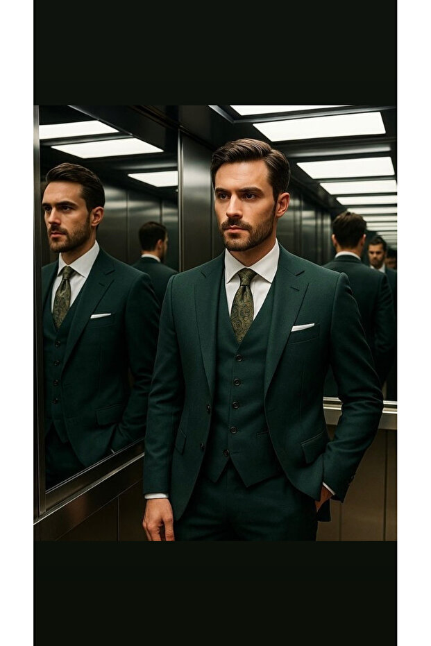 Khaki Green Slimfit Vest Set Men's Suit