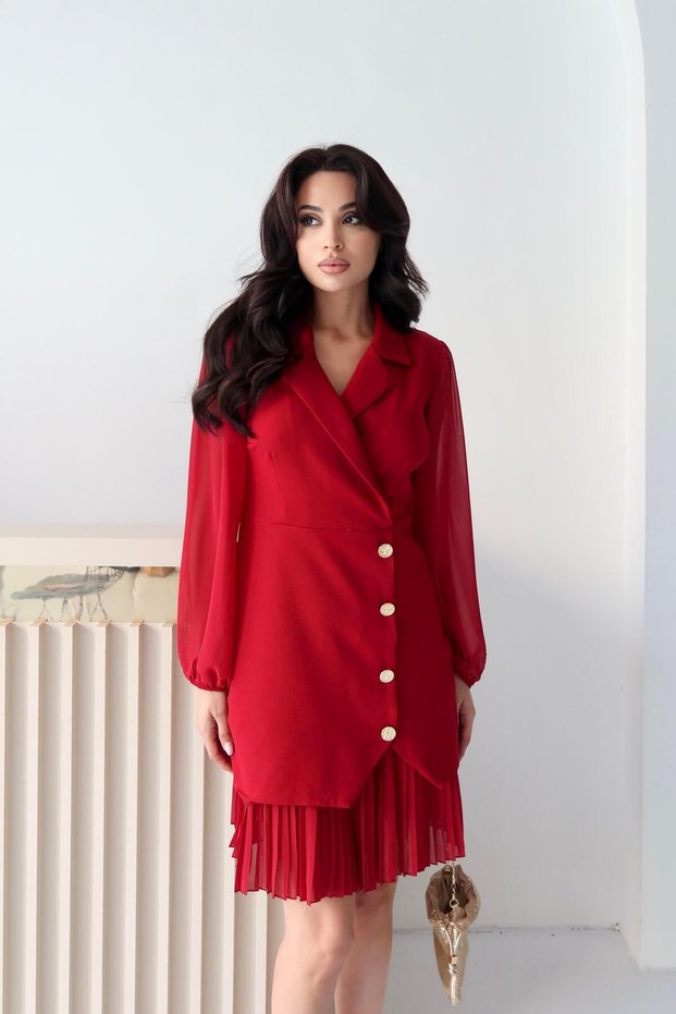 Burgundy Balloon Sleeve Pleated Jacket Dress